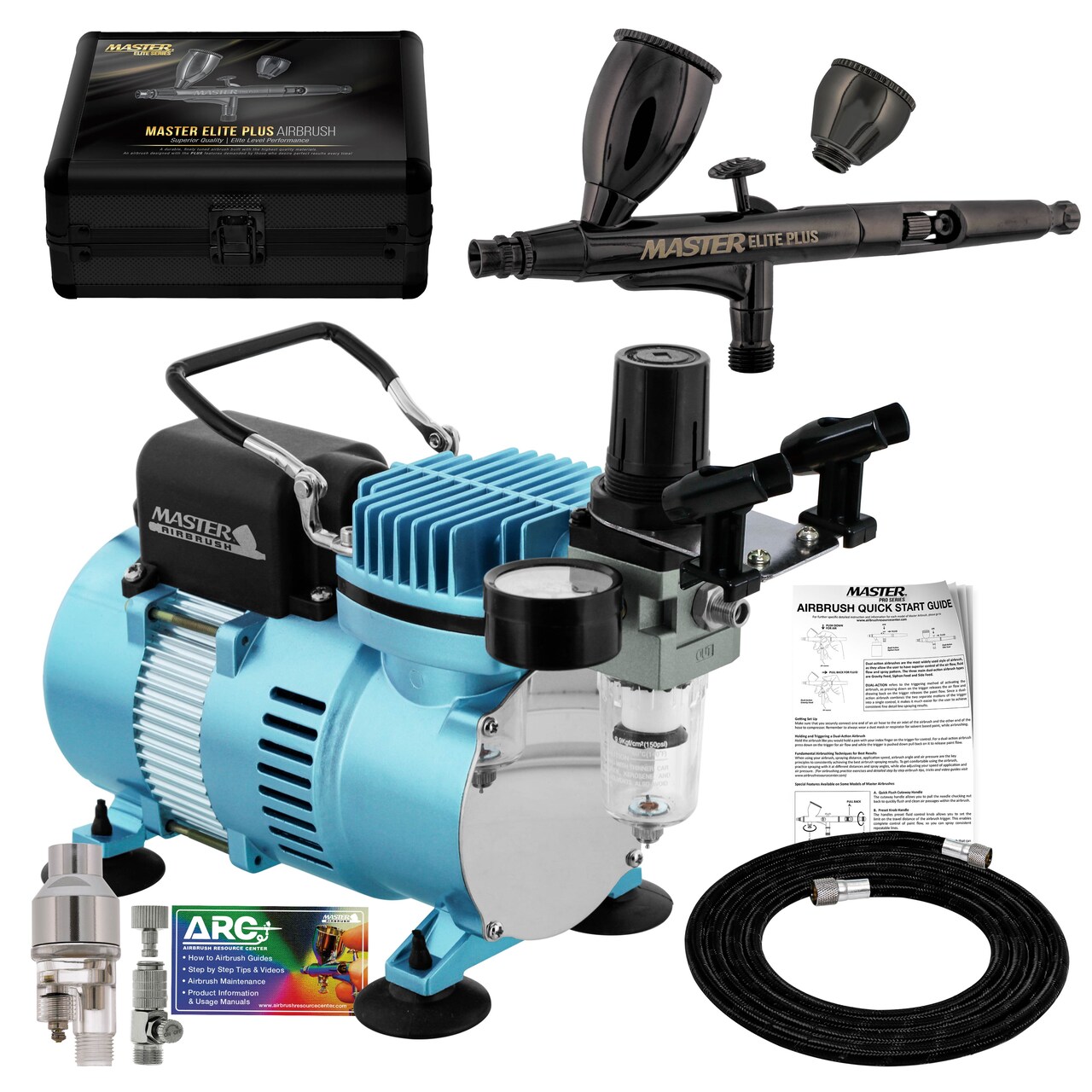 Cool Runner II Dual Fan Air Compressor System Kit with Master Elite Plus Elite Level Performance Airbrush Set, Case, 0.3mm Tip, 2 Cups